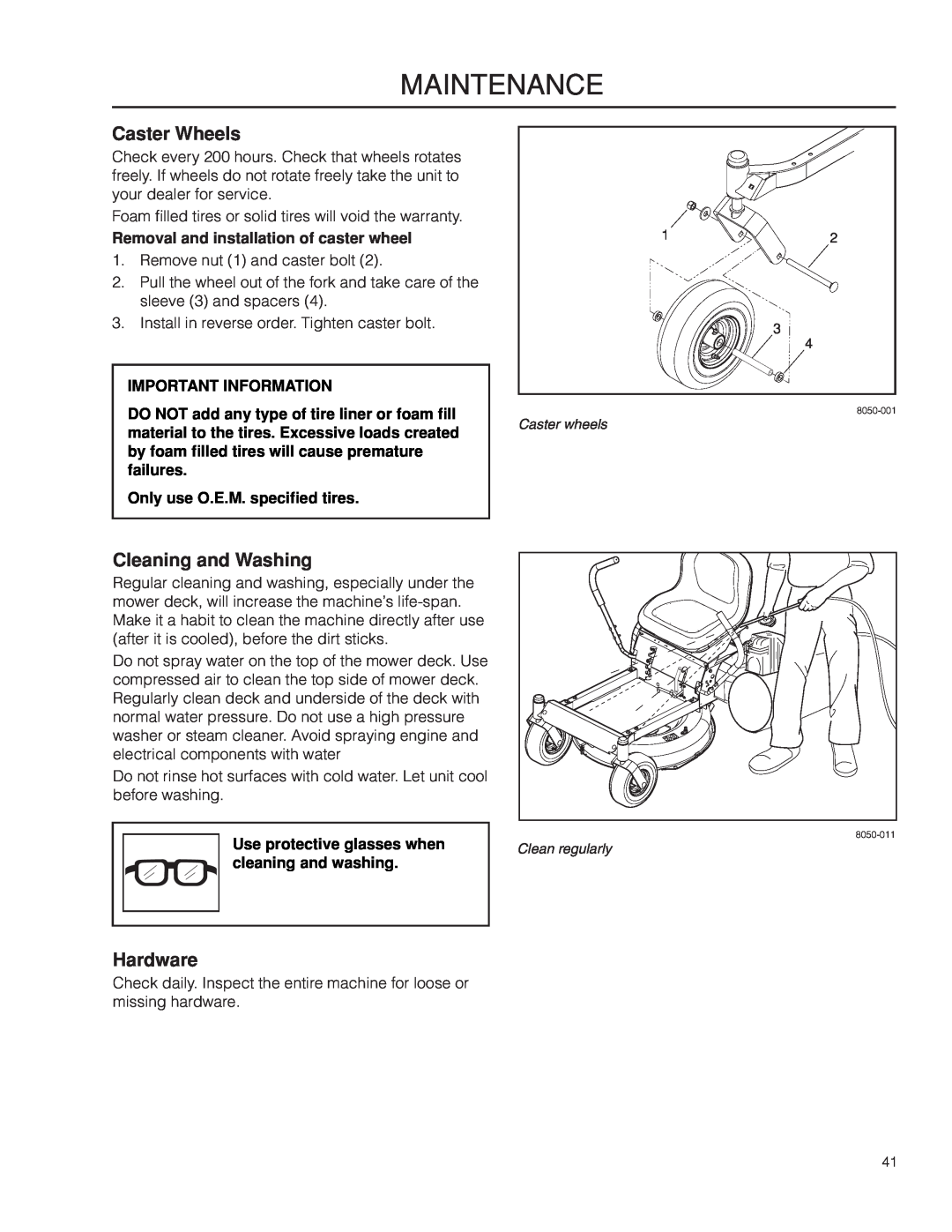 Dixon SPDZTR 30 manual Caster Wheels, Cleaning and Washing, Hardware, Maintenance, Removal and installation of caster wheel 