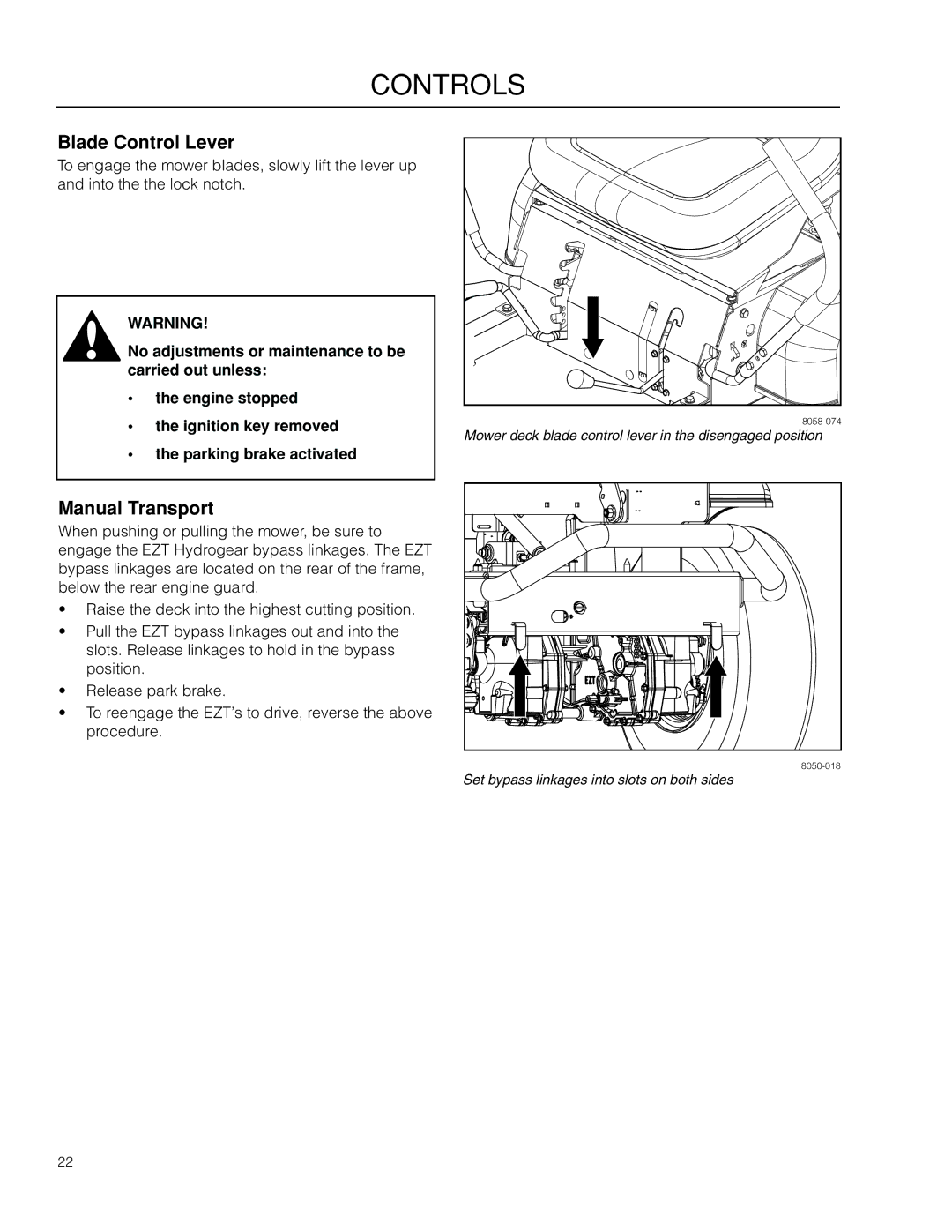 Dixon 966504101, SPDZTR 30 CA, 115312327R1 manual Blade Control Lever, Manual Transport 