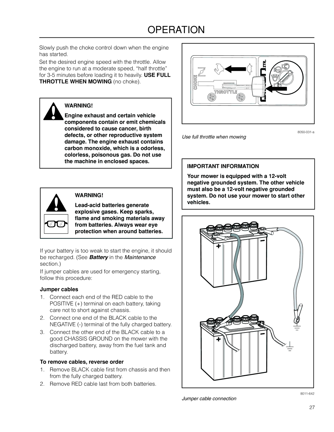 Dixon SPDZTR 30 CA, 966504101, 115312327R1 manual Jumper cables, To remove cables, reverse order 