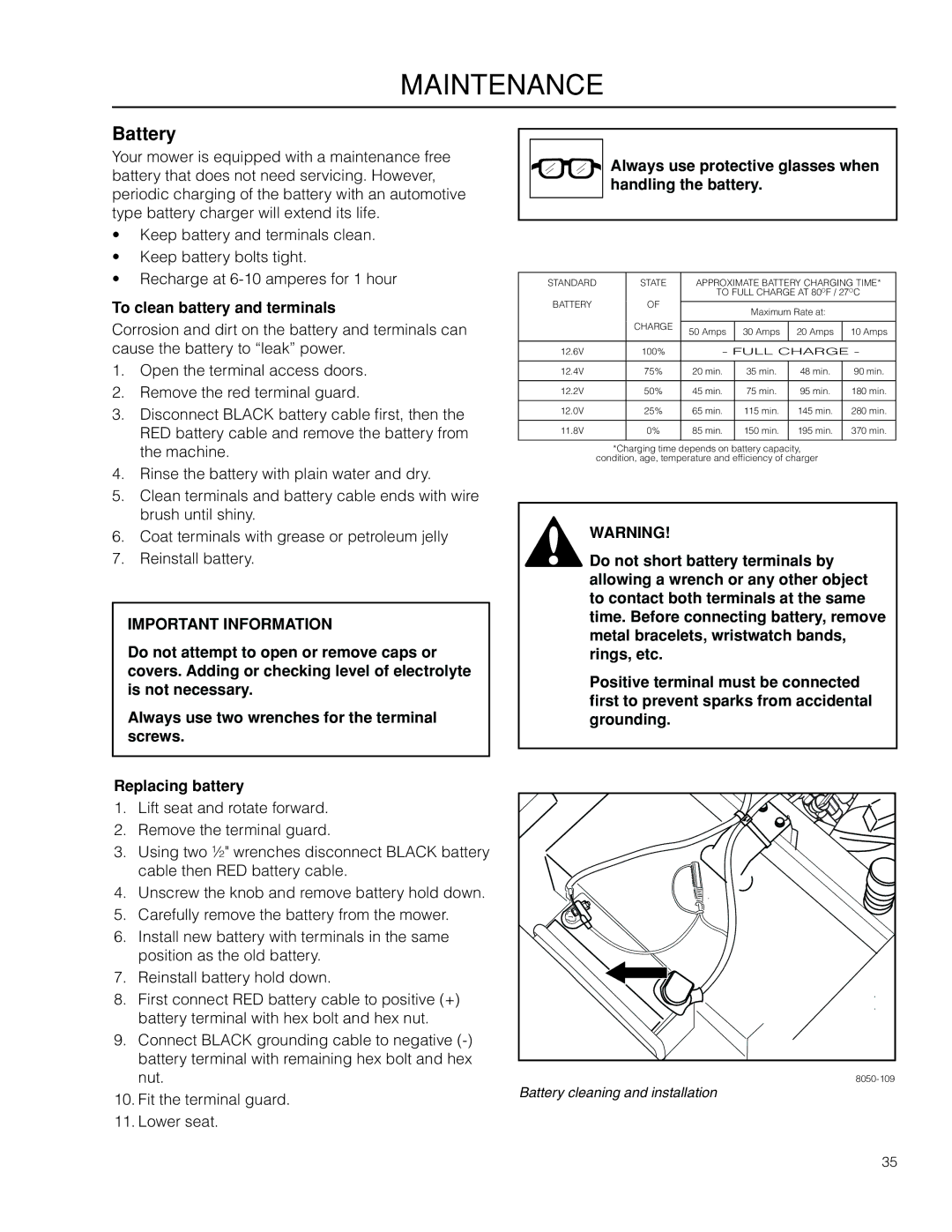 Dixon 115312327R1 manual Battery, To clean battery and terminals, Always use protective glasses when handling the battery 