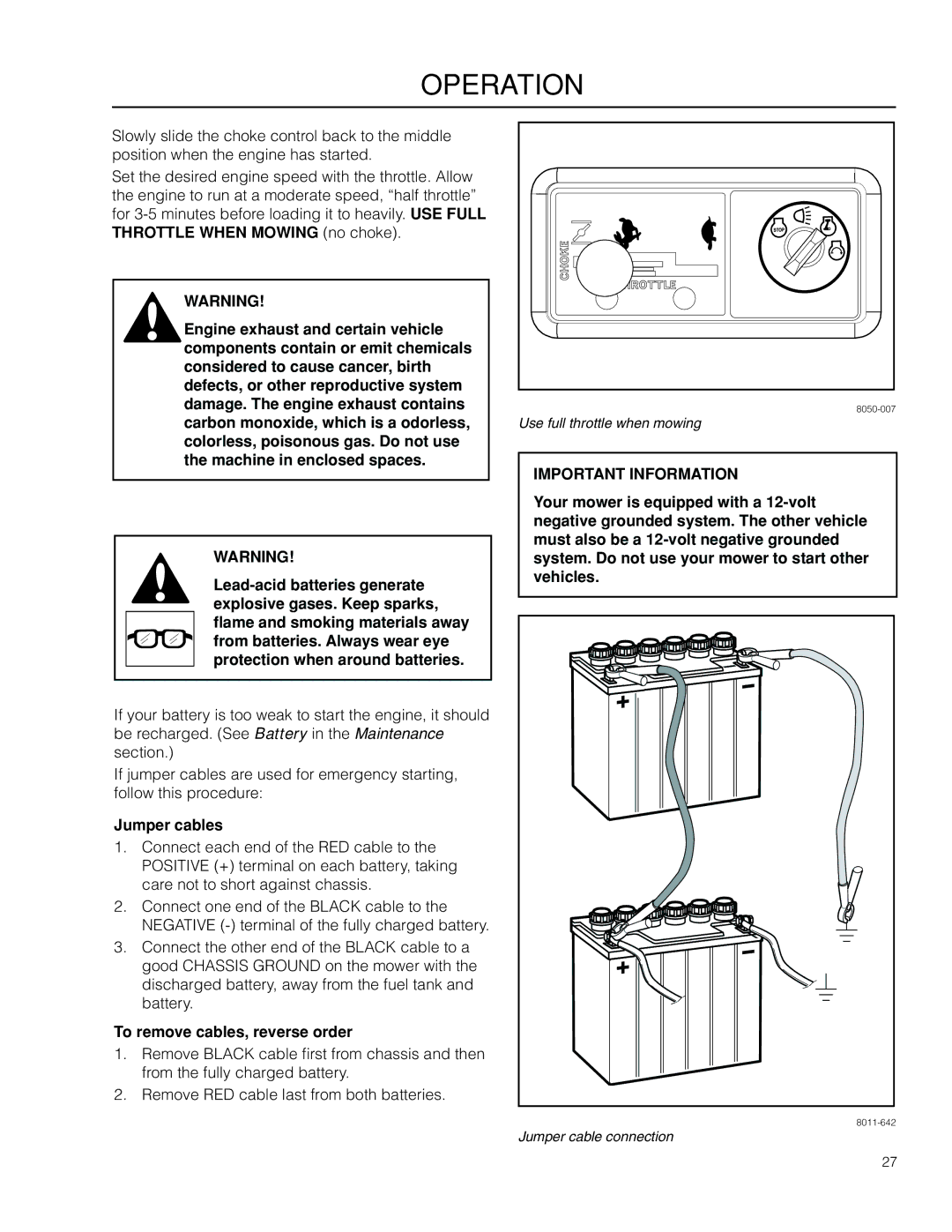 Dixon SZ4216 CA, 966505101, 115 338927R1 manual Jumper cables, To remove cables, reverse order 