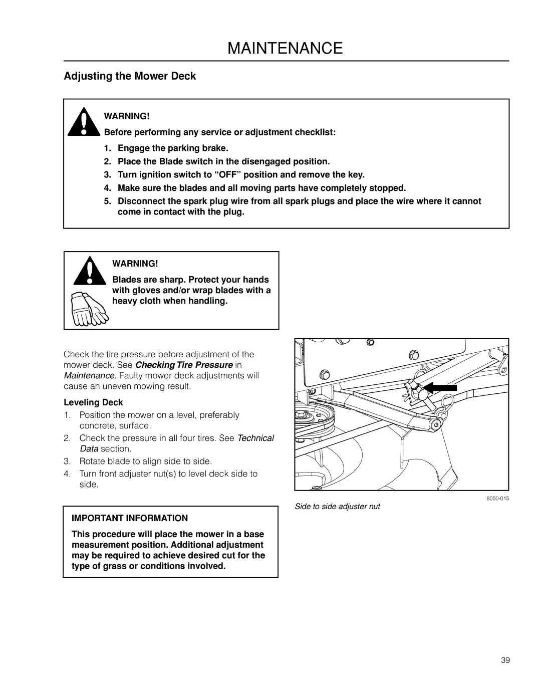 Dixon SZ4216 CA, 966505101, 115 338927R1 manual Adjusting the Mower Deck, Leveling Deck 