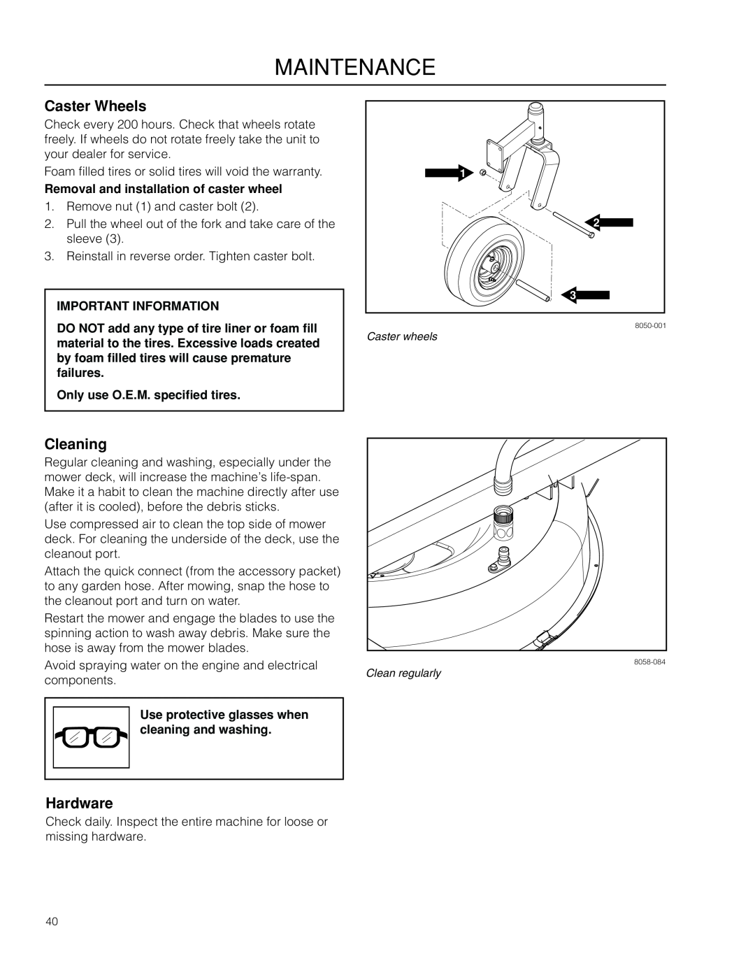 Dixon 966505101, SZ4216 CA manual Caster Wheels, Cleaning, Hardware, Removal and installation of caster wheel, Maintenance 