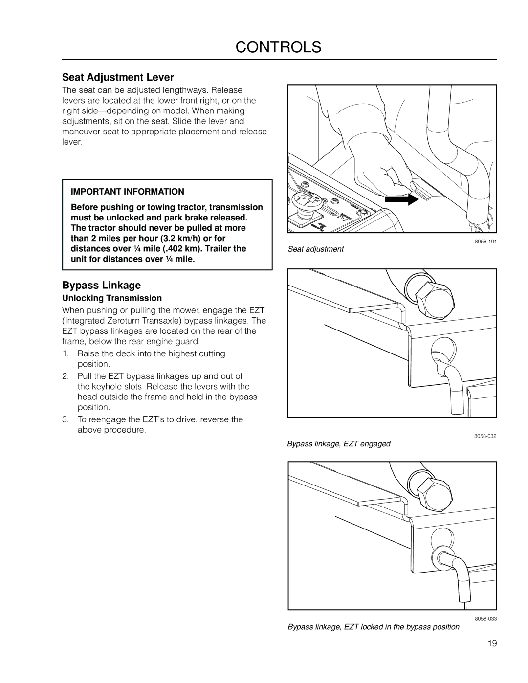 Dixon 966503601, SZ4619 CA manual Seat Adjustment Lever, Bypass Linkage, Unlocking Transmission 