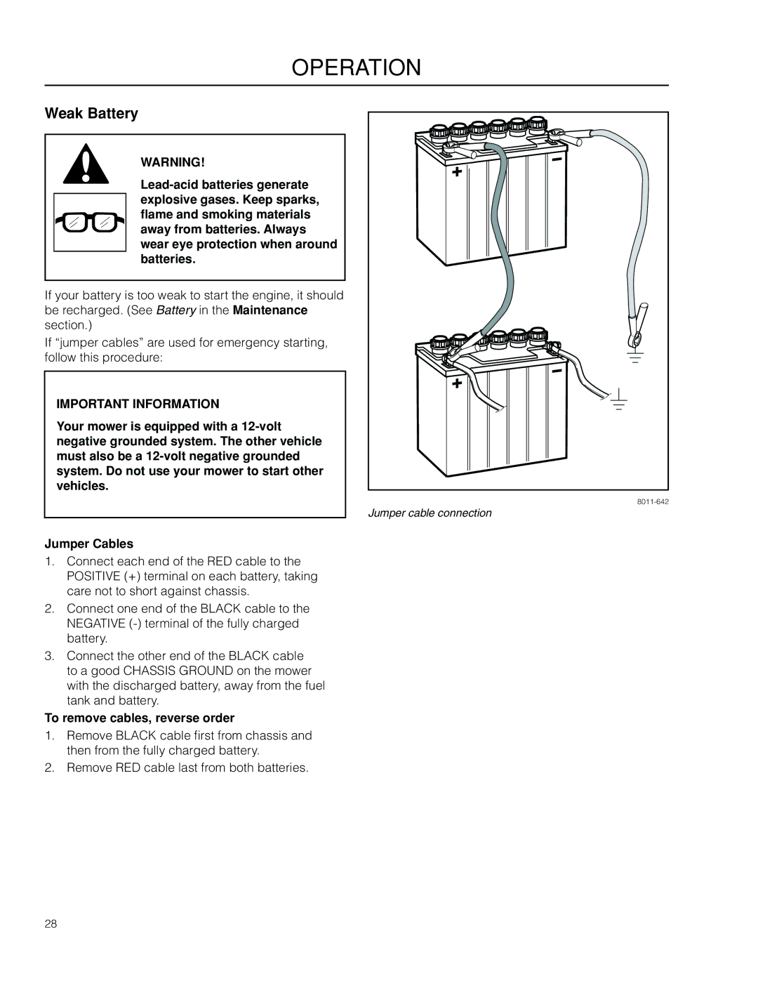 Dixon SZ4619 CA, 966503601 manual Weak Battery, To remove cables, reverse order 