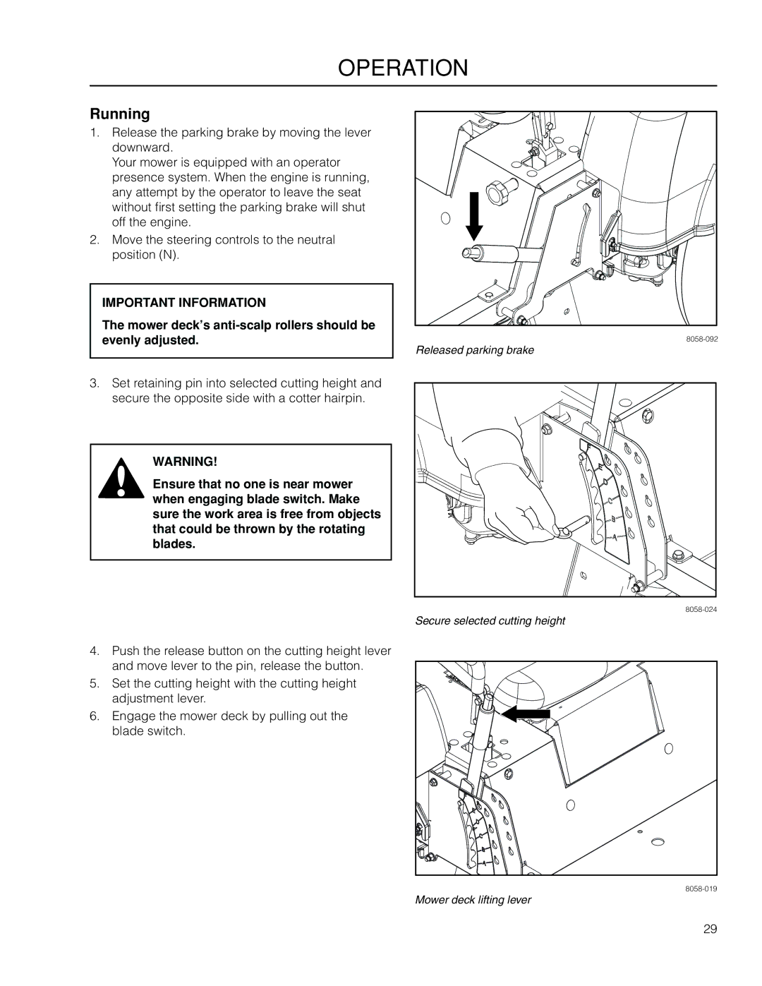 Dixon 966503601, SZ4619 CA manual Running, Mower deck’s anti-scalp rollers should be evenly adjusted 