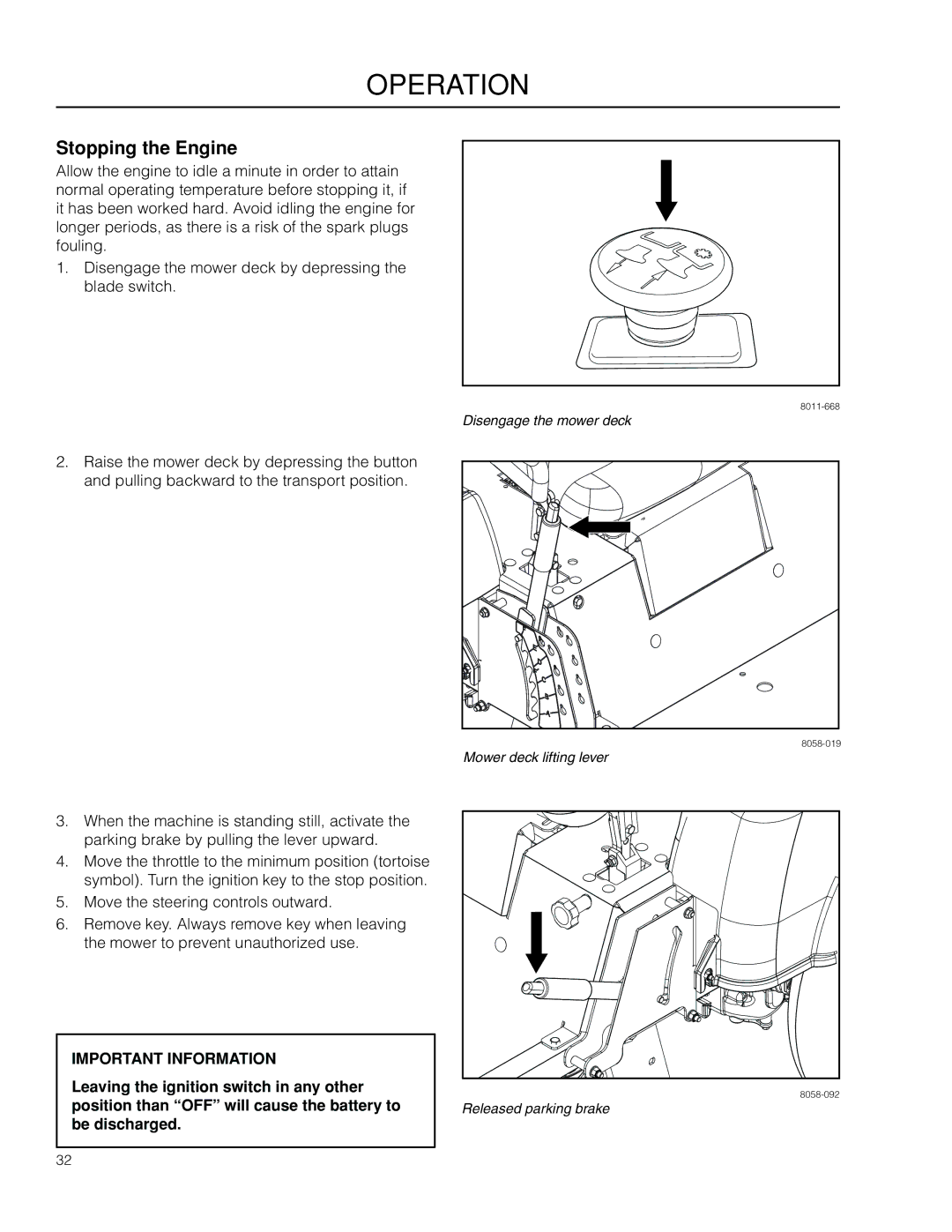 Dixon SZ4619 CA, 966503601 manual Stopping the Engine 