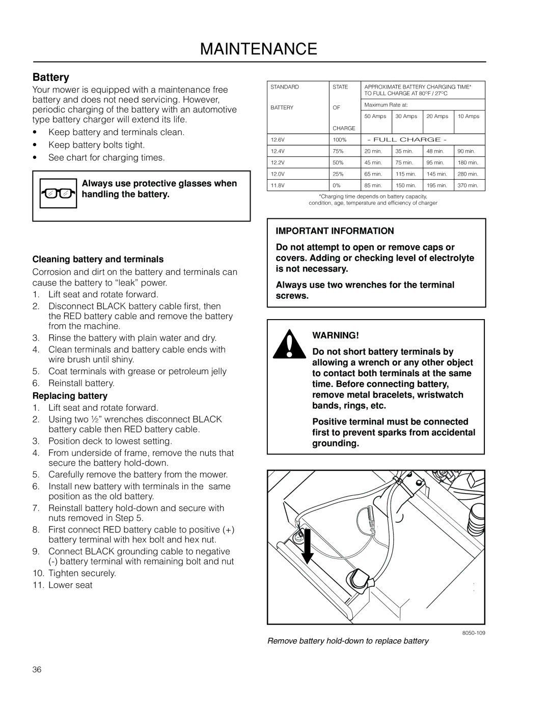 Dixon SZ4619 CA, 966503601 manual Battery, Replacing battery 