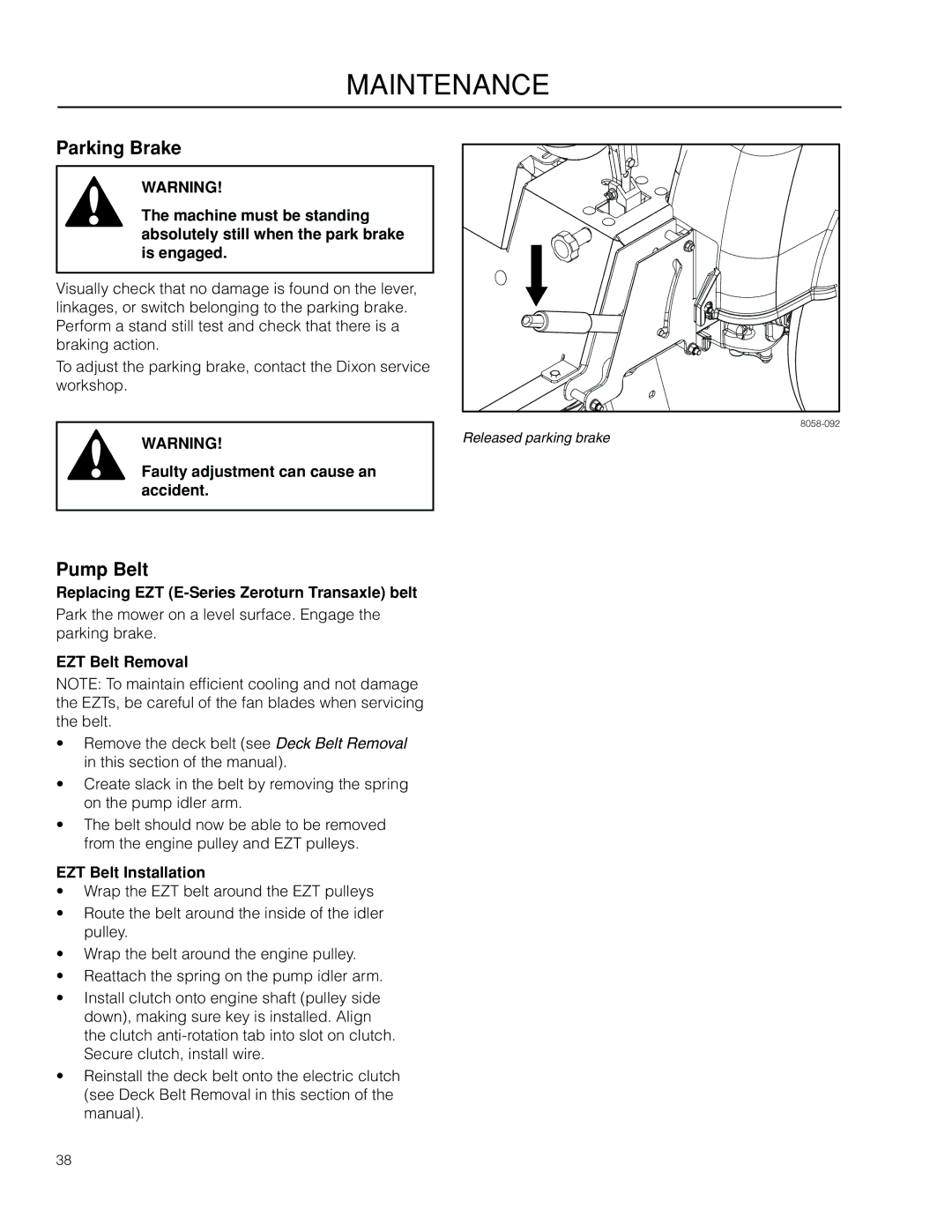 Dixon SZ4619 CA manual Pump Belt, Faulty adjustment can cause an accident, Replacing EZT E-Series Zeroturn Transaxle belt 