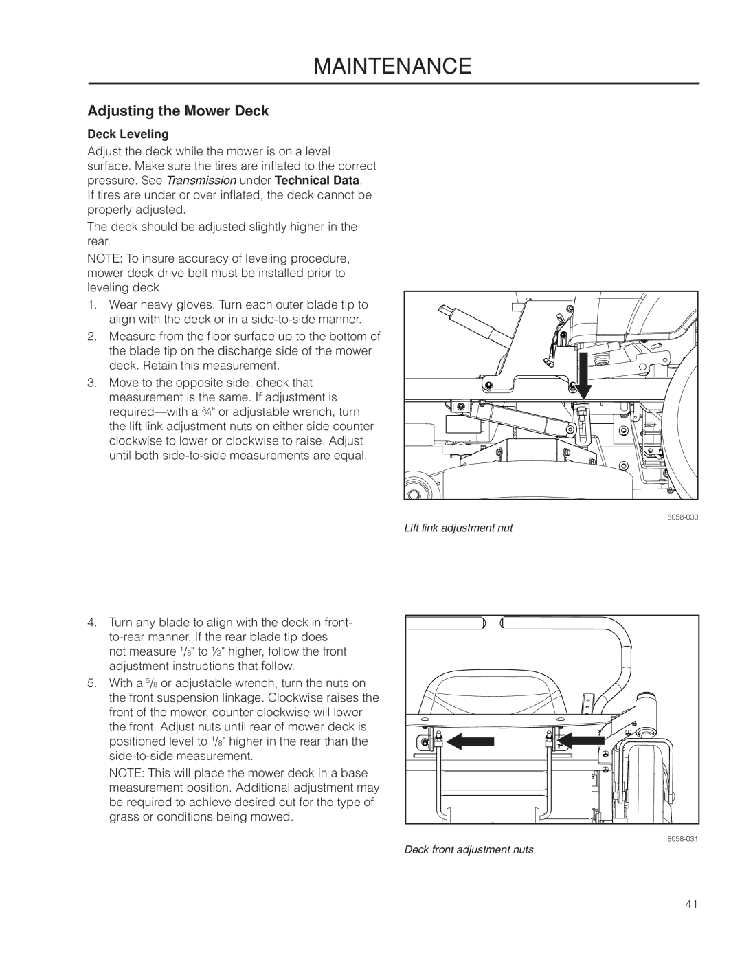 Dixon 966503601, SZ4619 CA manual Adjusting the Mower Deck, Deck Leveling 