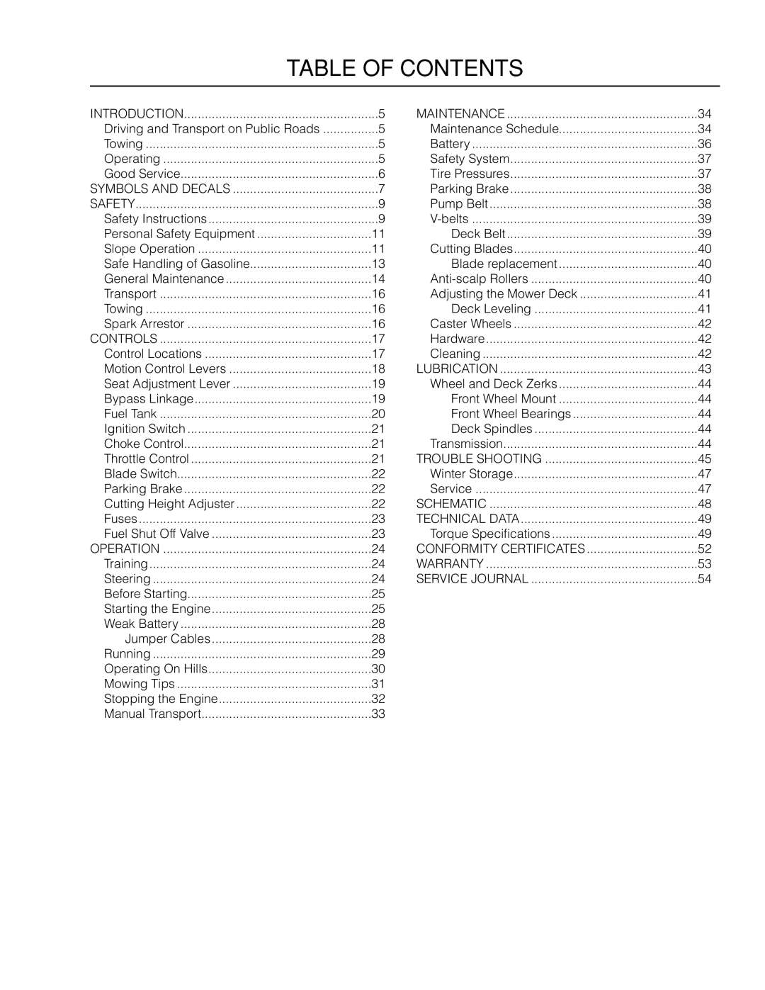 Dixon 966503601, SZ4619 CA manual Table Of Contents 