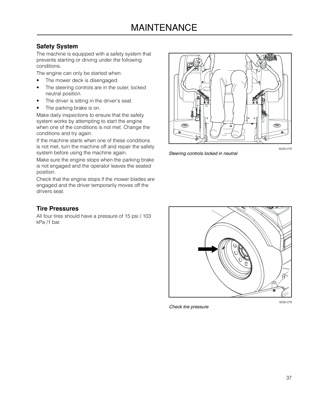Dixon 966503601, SZ4619 CA manual Safety System, Tire Pressures, Maintenance 