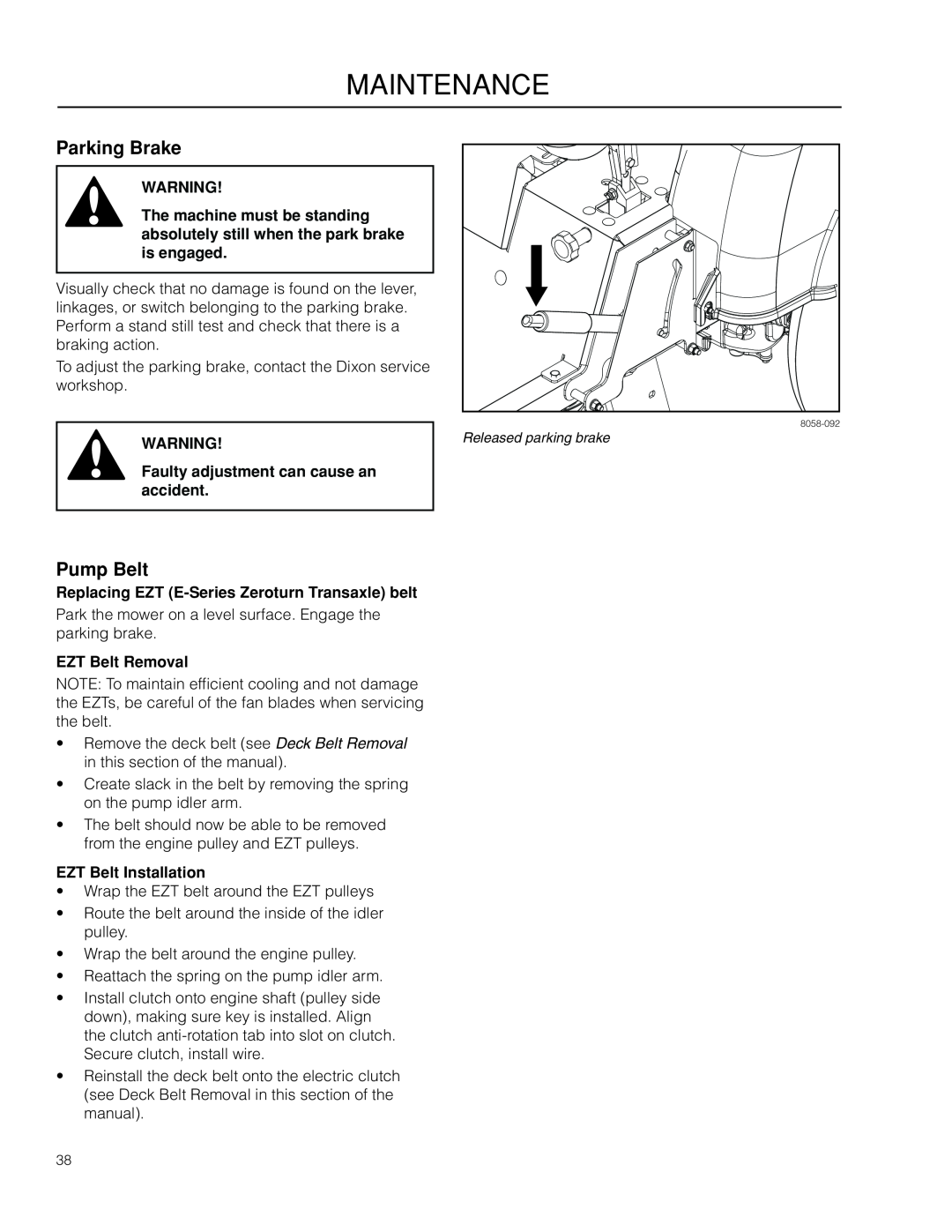 Dixon SZ4619 CA manual Pump Belt, Faulty adjustment can cause an accident, Replacing EZT E-Series Zeroturn Transaxle belt 