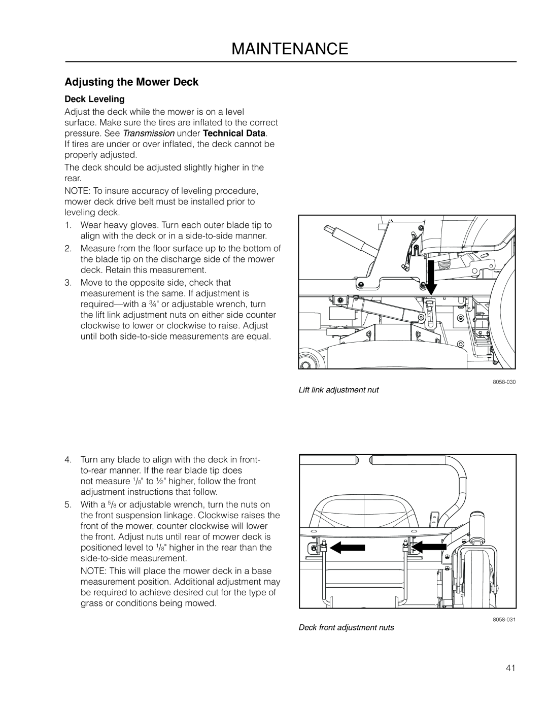 Dixon 966503601, SZ4619 CA manual Adjusting the Mower Deck, Deck Leveling, Maintenance 