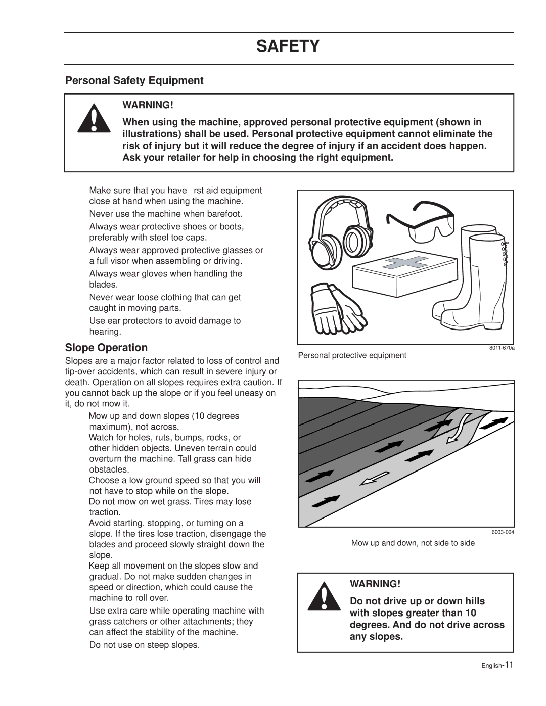 Dixon KOH/968999626, XOUS2007, KOH/968999627, KOH/968999628 manual Personal Safety Equipment, Slope Operation 