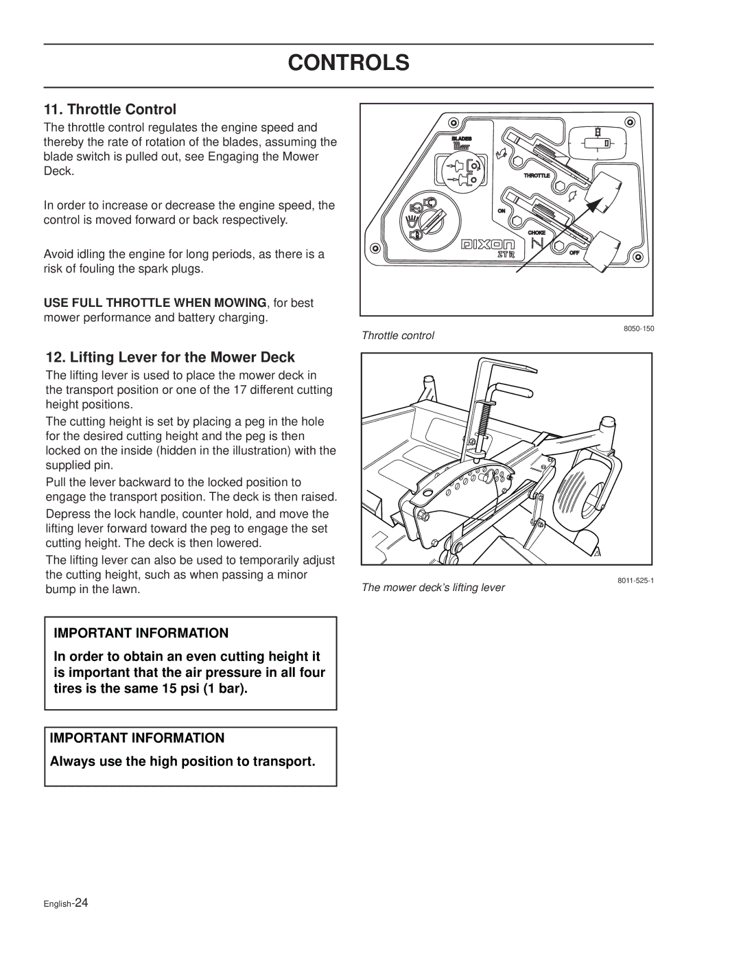 Dixon XOUS2007, KOH/968999627, KOH/968999628, KOH/968999626 manual Throttle Control, Lifting Lever for the Mower Deck 