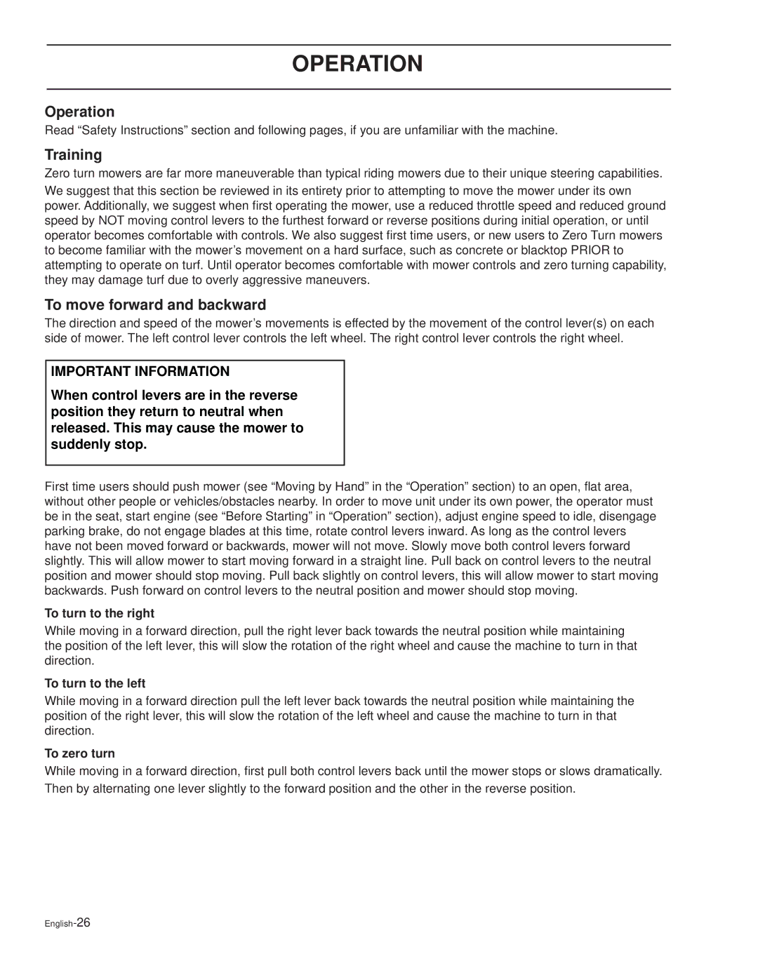 Dixon KOH/968999628, XOUS2007, KOH/968999627, KOH/968999626 manual Operation, Training, To move forward and backward 