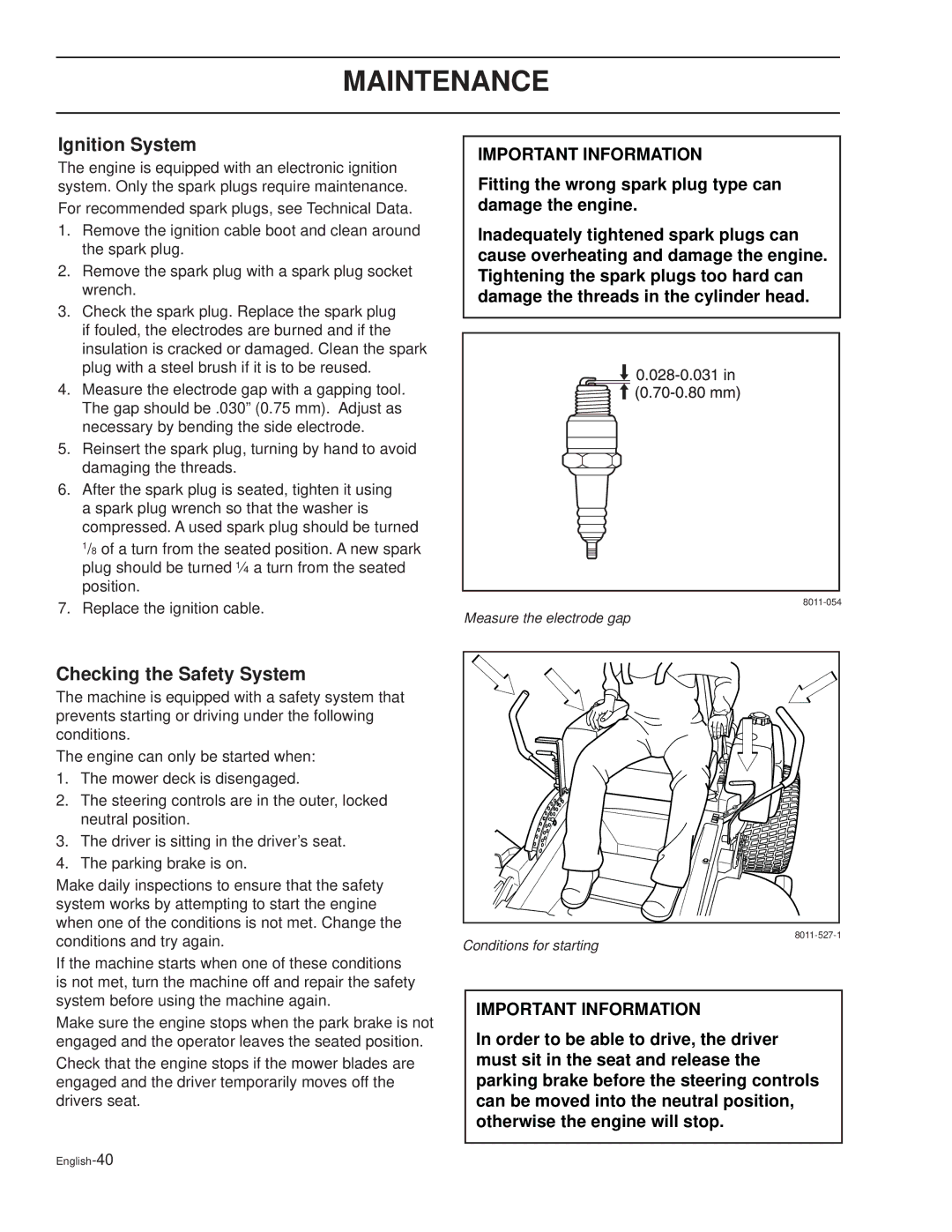 Dixon XOUS2007, KOH/968999627, KOH/968999628, KOH/968999626 manual Ignition System, Checking the Safety System 