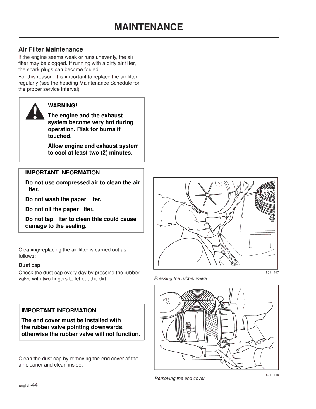 Dixon XOUS2007, KOH/968999627, KOH/968999628 manual Air Filter Maintenance, Valve with two ﬁngers to let out the dirt 