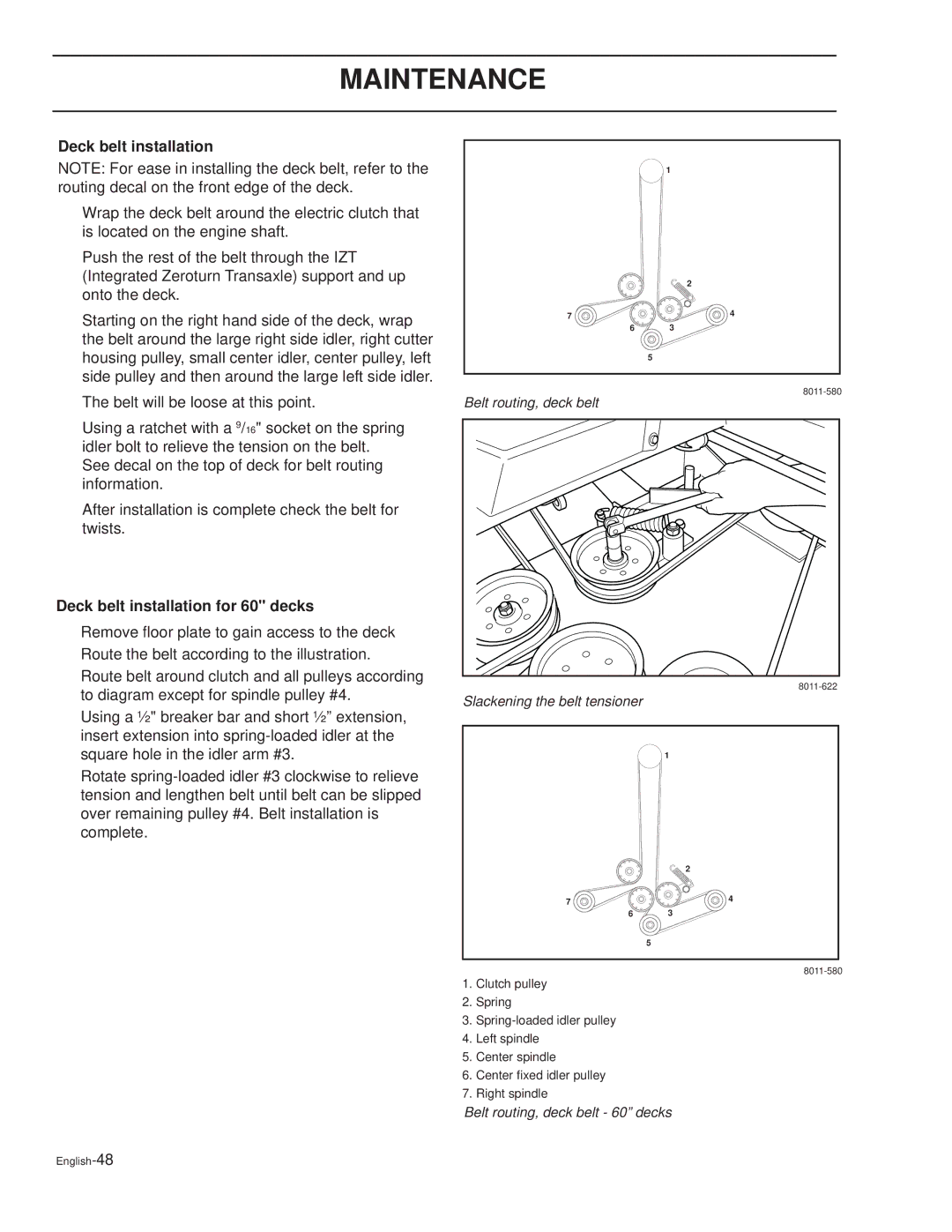 Dixon XOUS2007, KOH/968999627, KOH/968999628, KOH/968999626 manual Deck belt installation for 60 decks 