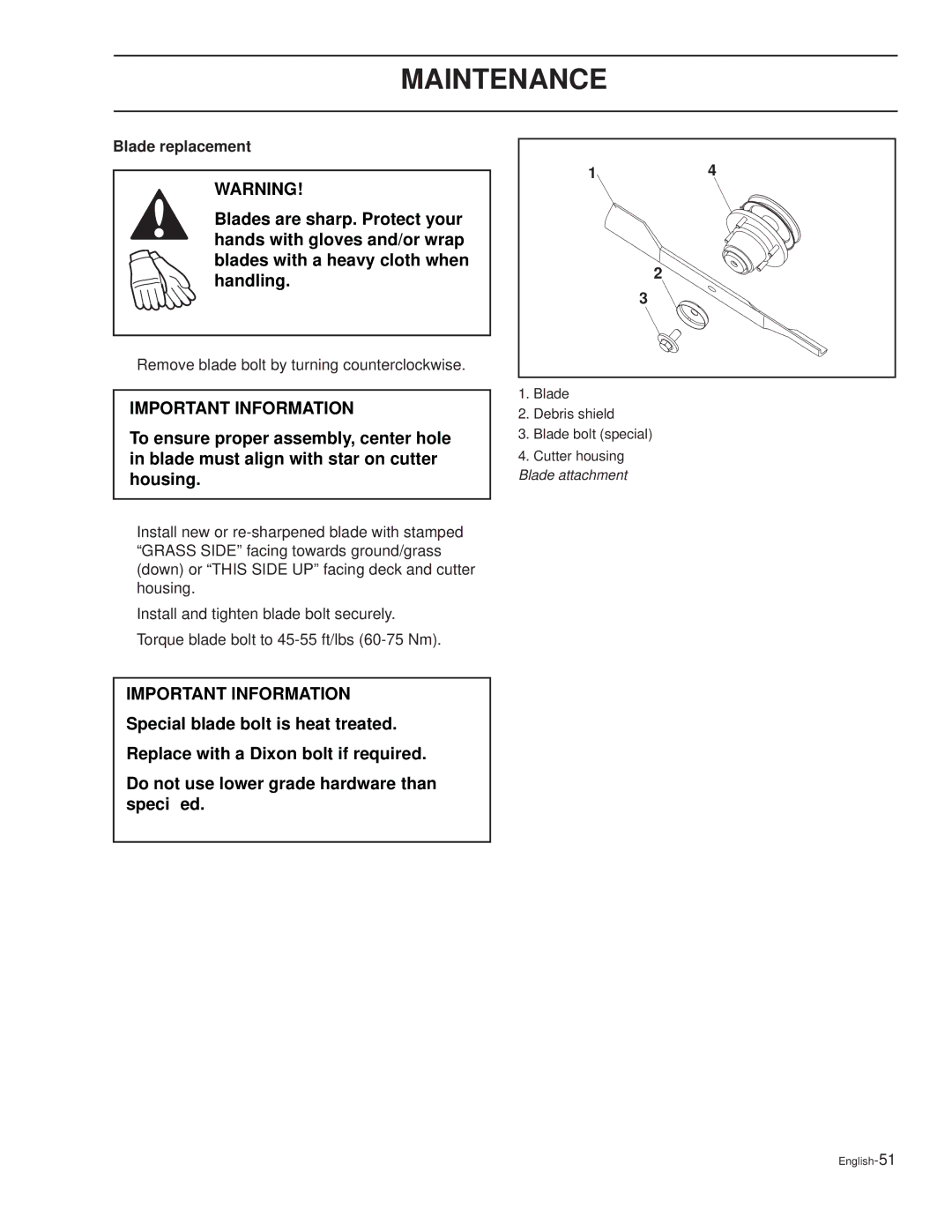 Dixon KOH/968999626, XOUS2007, KOH/968999627, KOH/968999628 manual Blade replacement 