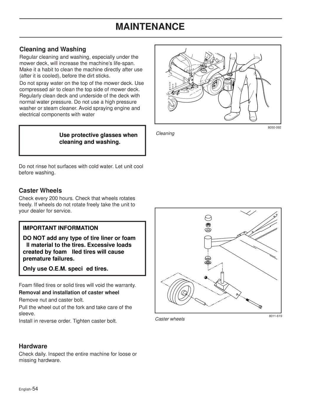 Dixon KOH/968999628, XOUS2007 manual Cleaning and Washing, Caster Wheels, Hardware, Removal and installation of caster wheel 