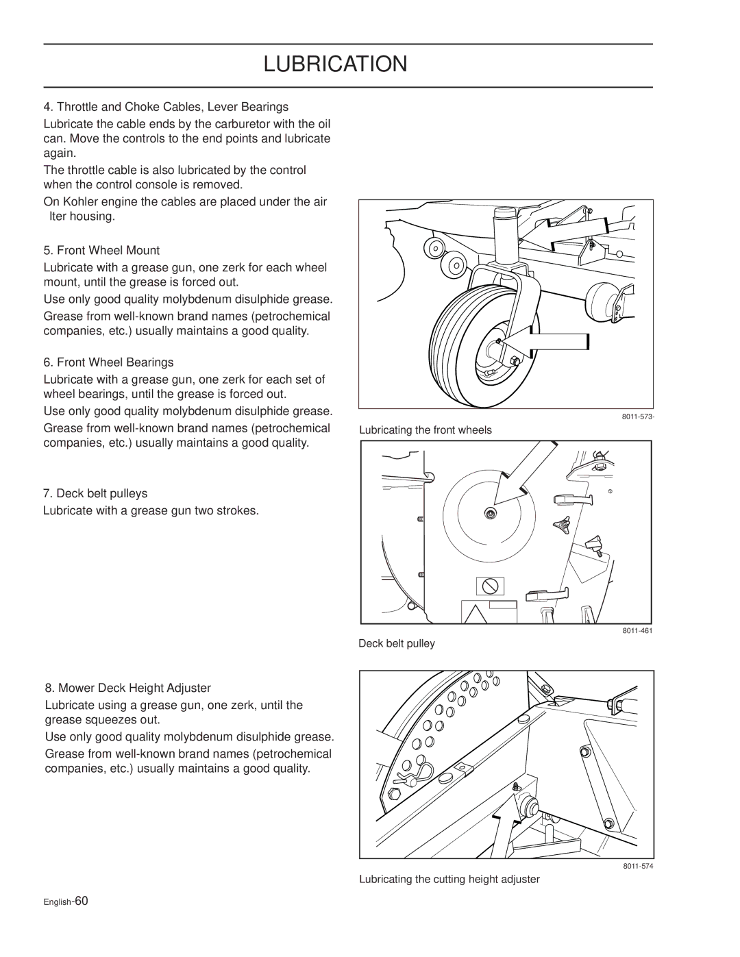 Dixon XOUS2007 manual Throttle and Choke Cables, Lever Bearings, Front Wheel Mount, Front Wheel Bearings, Deck belt pulleys 