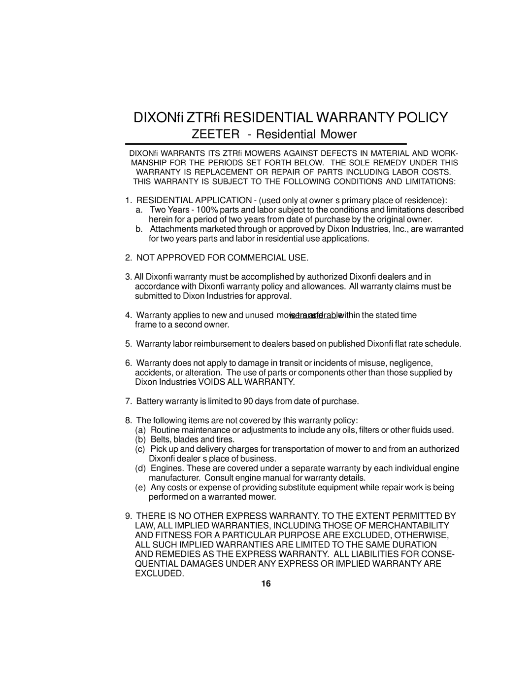 Dixon ZEETER manual Dixon ZTR Residential Warranty Policy, Zeeter Residential Mower 