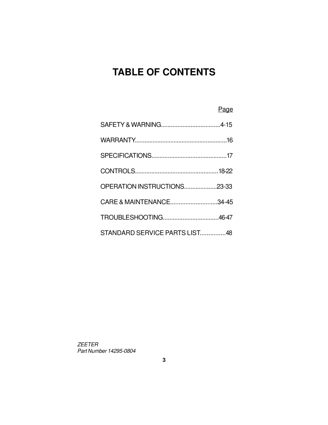 Dixon ZEETER manual Table of Contents 