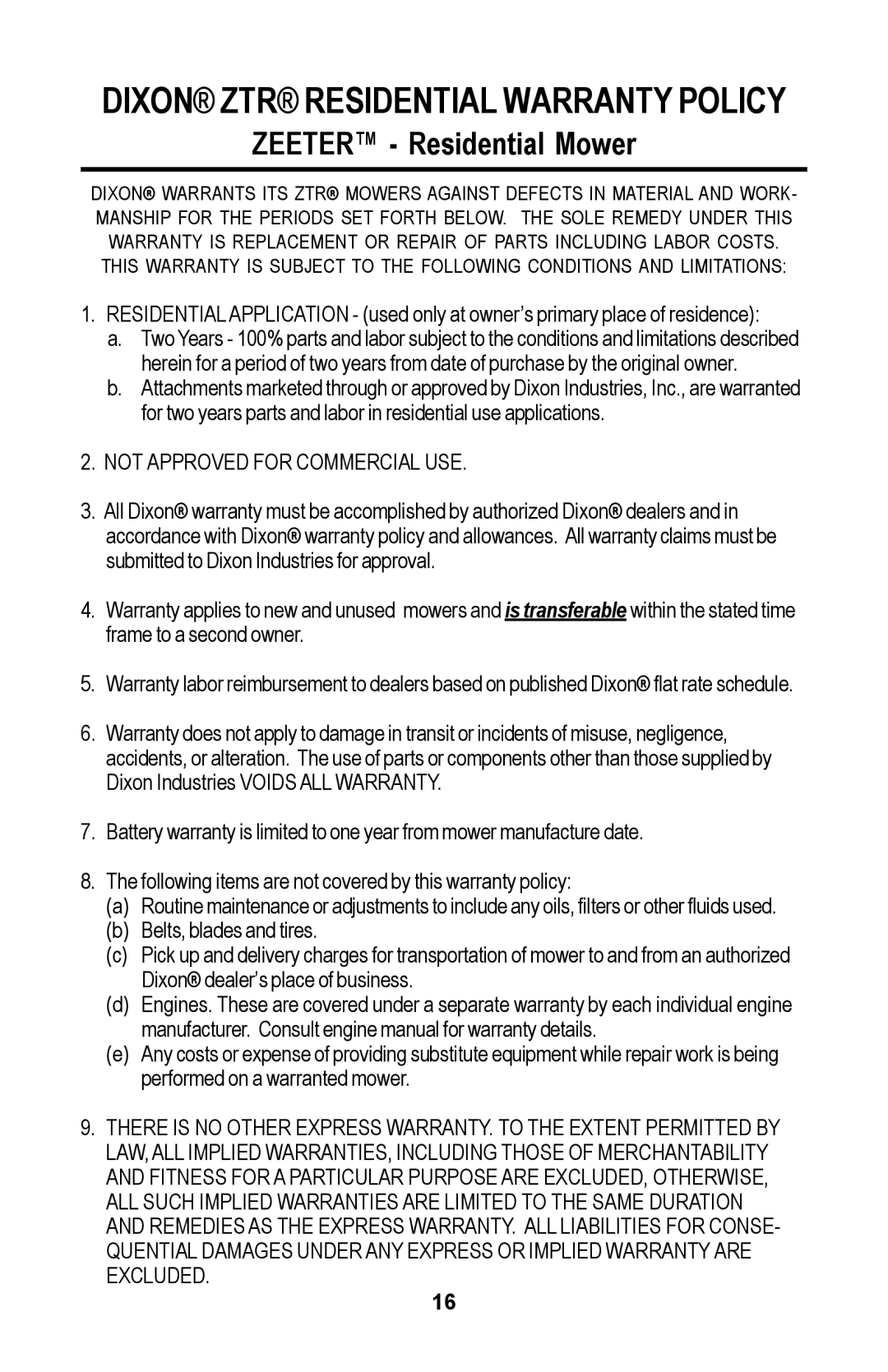 Dixon Zero-Turn Riding Mower manual Dixon ZTR Residential Warranty Policy, Zeeter Residential Mower 