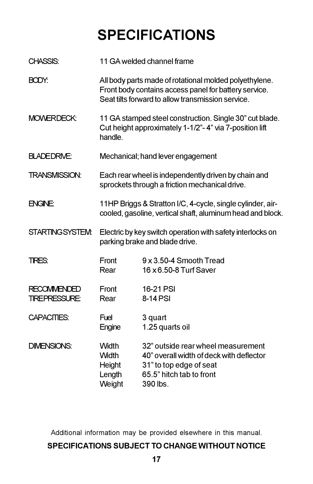 Dixon Zero-Turn Riding Mower manual Specifications, Body 