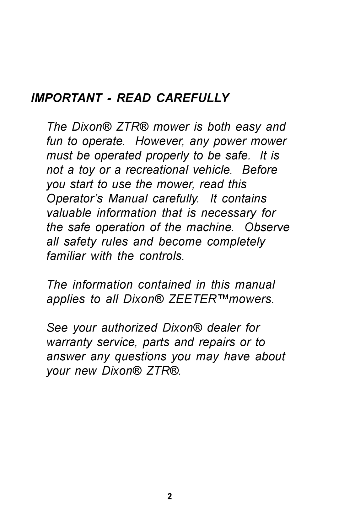 Dixon Zero-Turn Riding Mower manual Important Read Carefully 