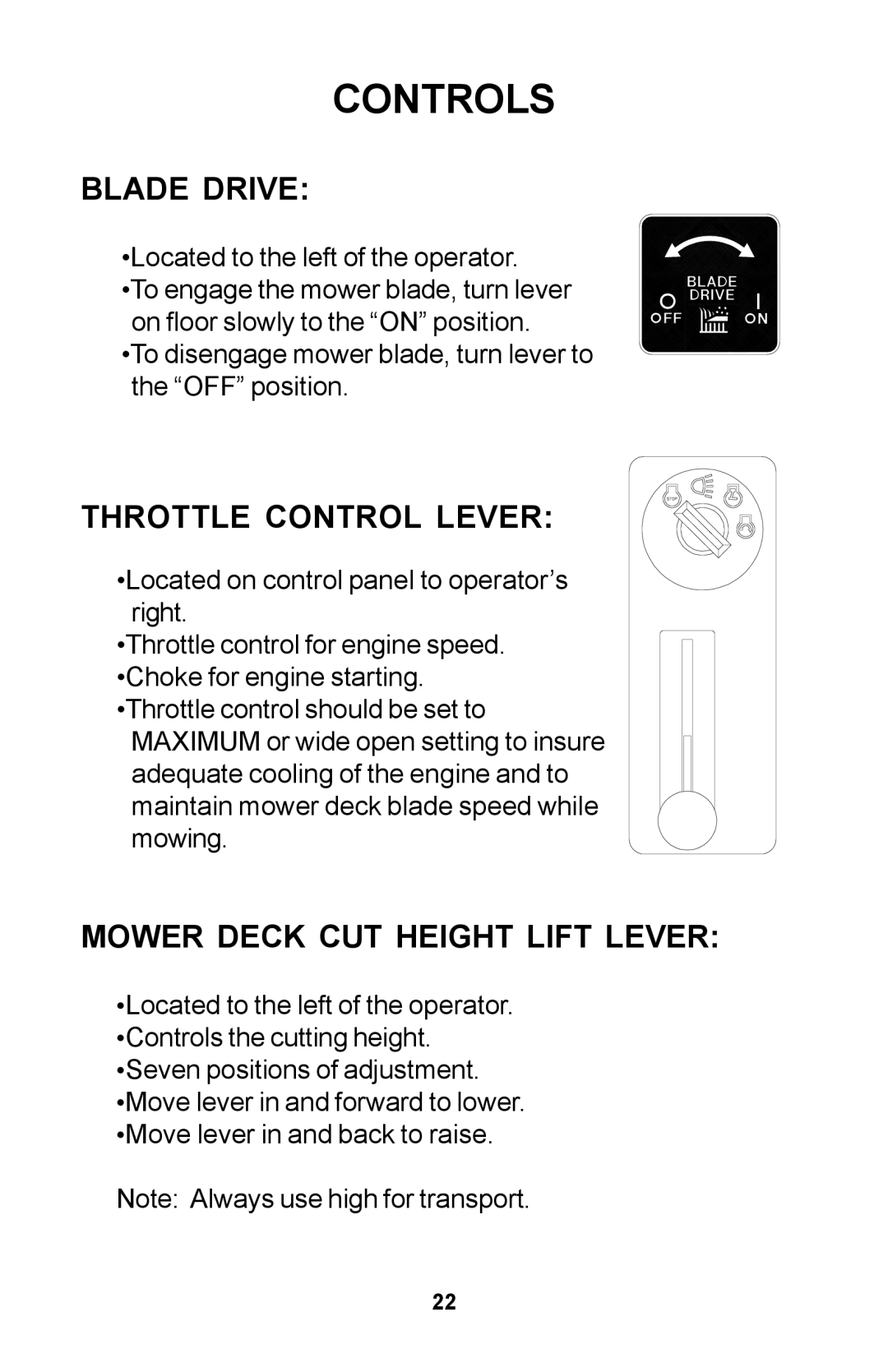 Dixon Zero-Turn Riding Mower manual Blade Drive, Throttle Control Lever, Mower Deck CUT Height Lift Lever 