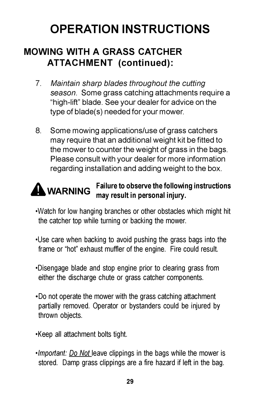 Dixon Zero-Turn Riding Mower manual Mowing with a Grass Catcher Attachment, Failure to observe the following instructions 