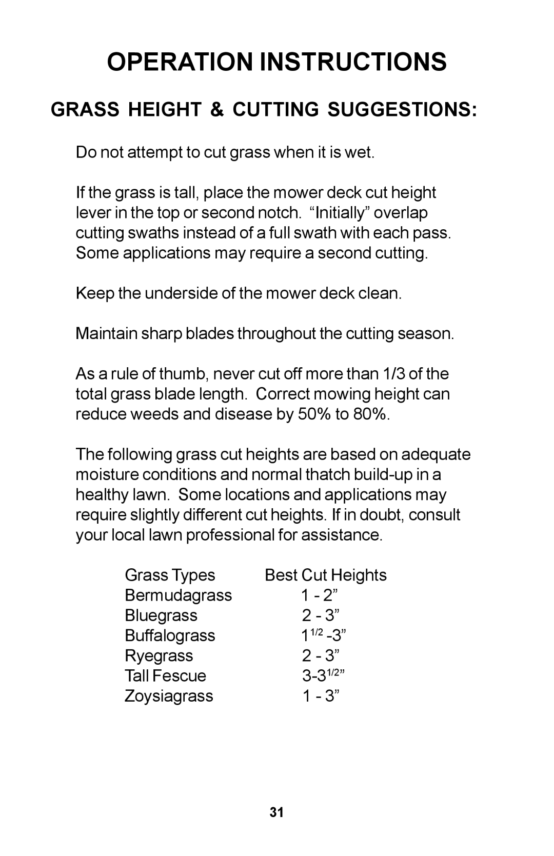 Dixon Zero-Turn Riding Mower manual Grass Height & Cutting Suggestions 