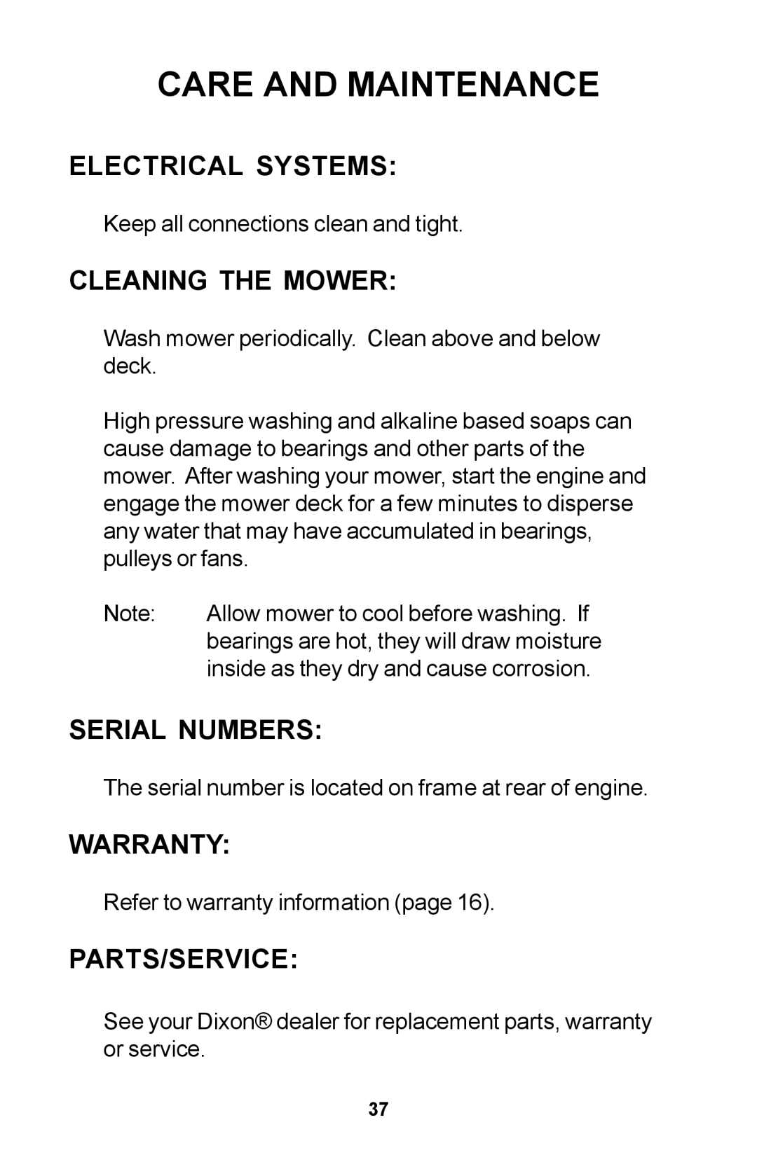 Dixon Zero-Turn Riding Mower manual Electrical Systems, Cleaning the Mower, Serial Numbers, Warranty, Parts/Service 