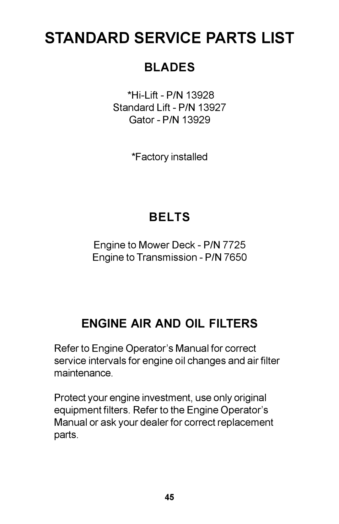 Dixon Zero-Turn Riding Mower manual Standard Service Parts List, Blades, Engine AIR and OIL Filters 