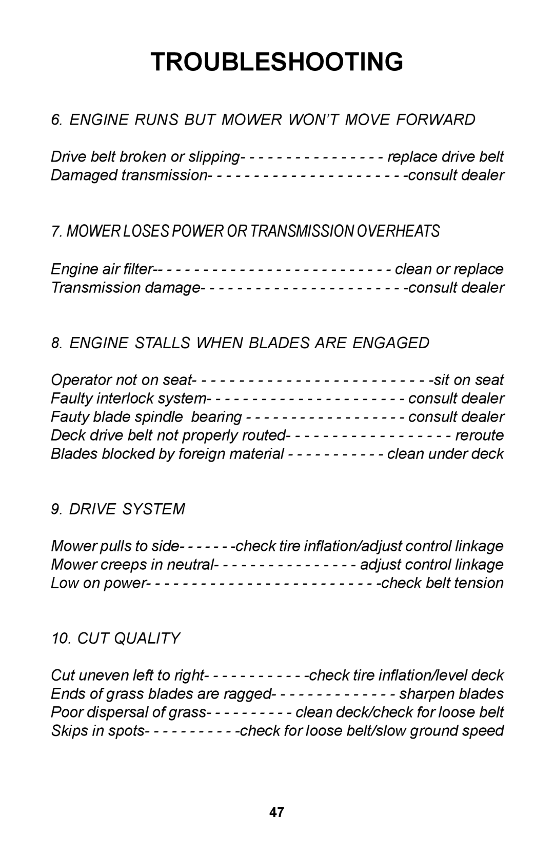 Dixon Zero-Turn Riding Mower manual Mower Loses Power or Transmission Overheats 