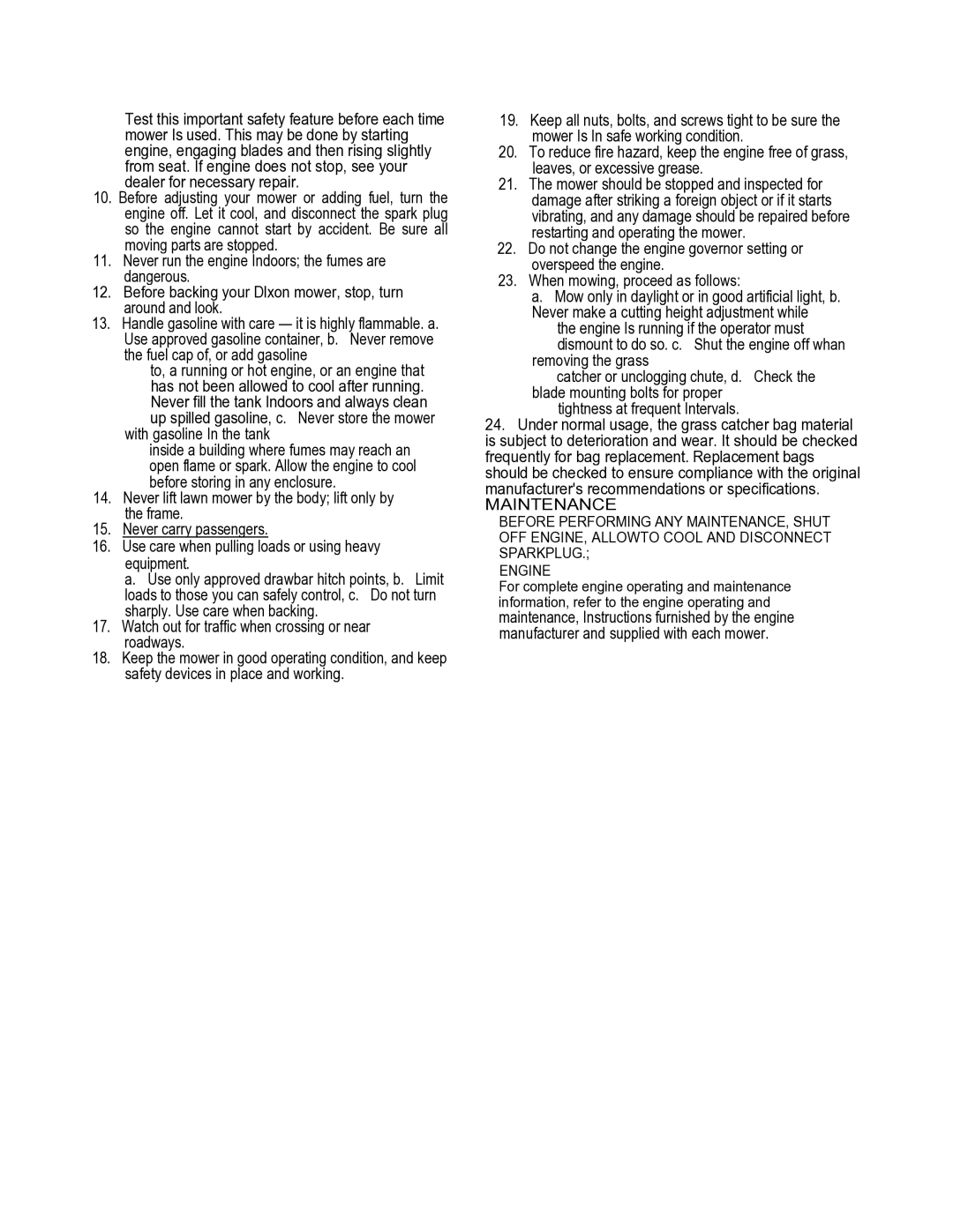 Dixon Zero Turn Riding Mower manual With gasoline In the tank, Maintenance 