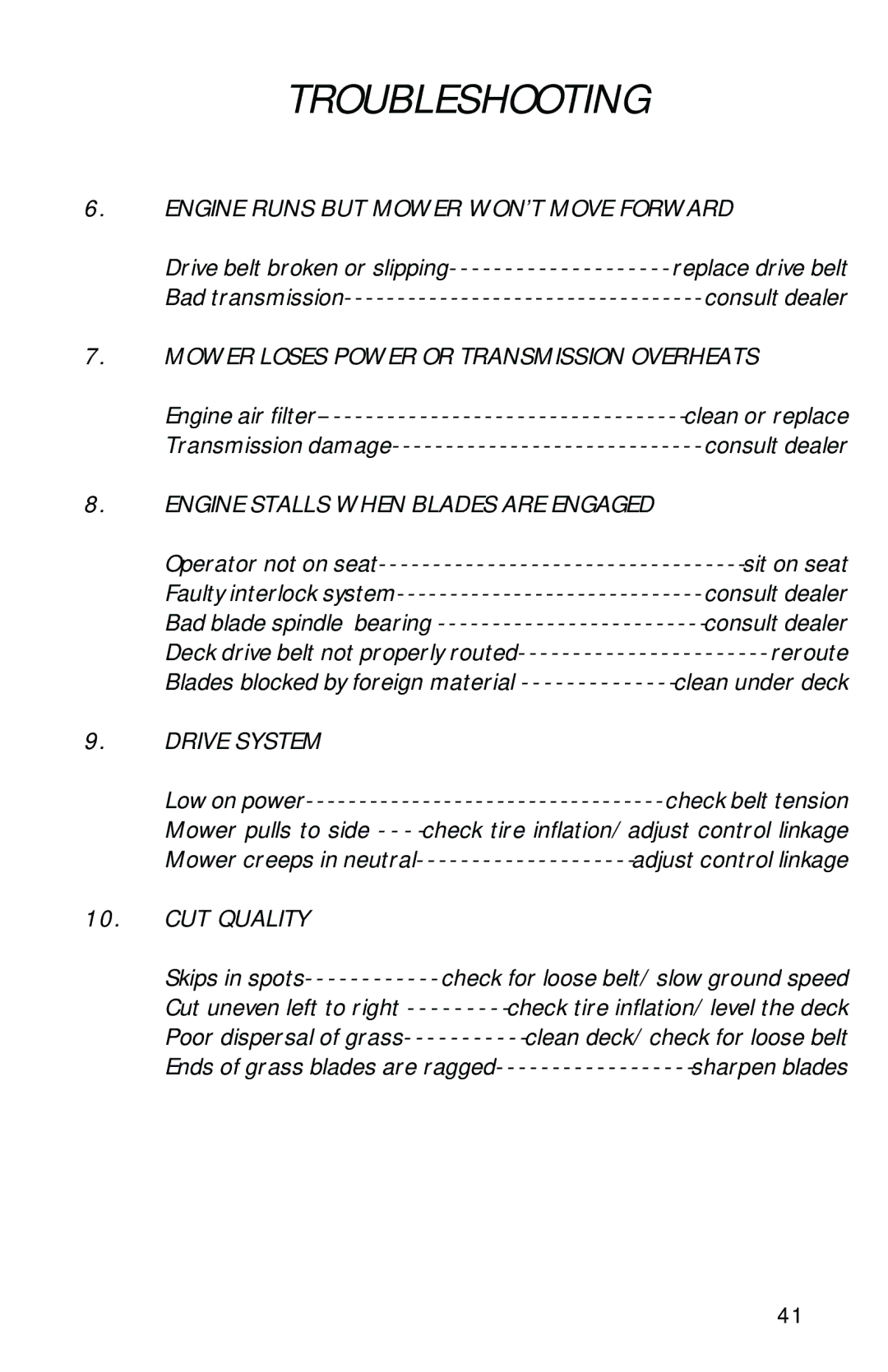 Dixon ZTR 2002 manual Engine Runs but Mower WON’T Move Forward 