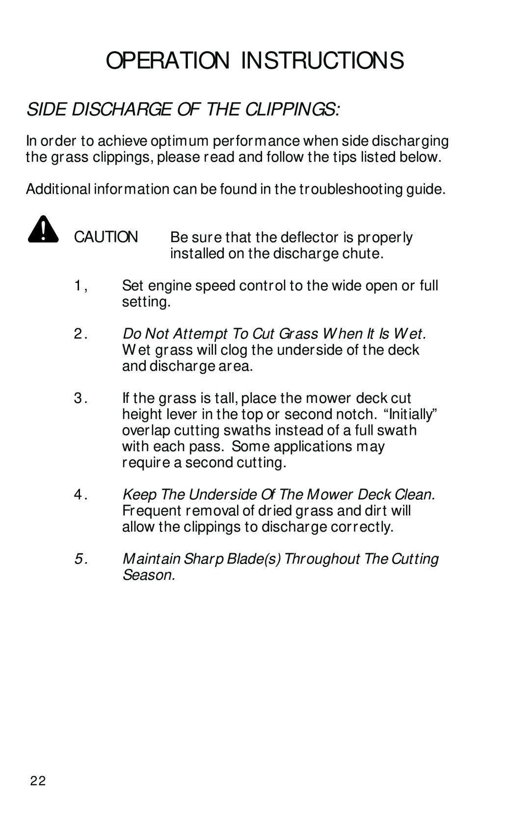 Dixon ZTR 2002 manual Side Discharge Of The Clippings, Operation Instructions 