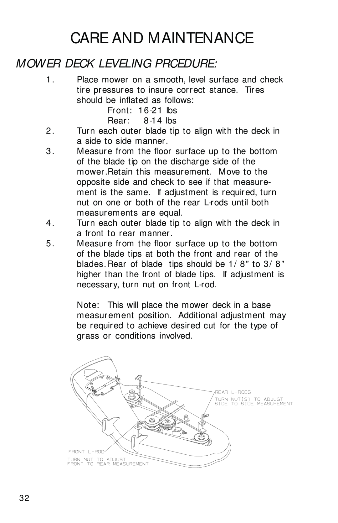 Dixon ZTR 2002 manual Mower Deck Leveling Prcedure, Care And Maintenance 