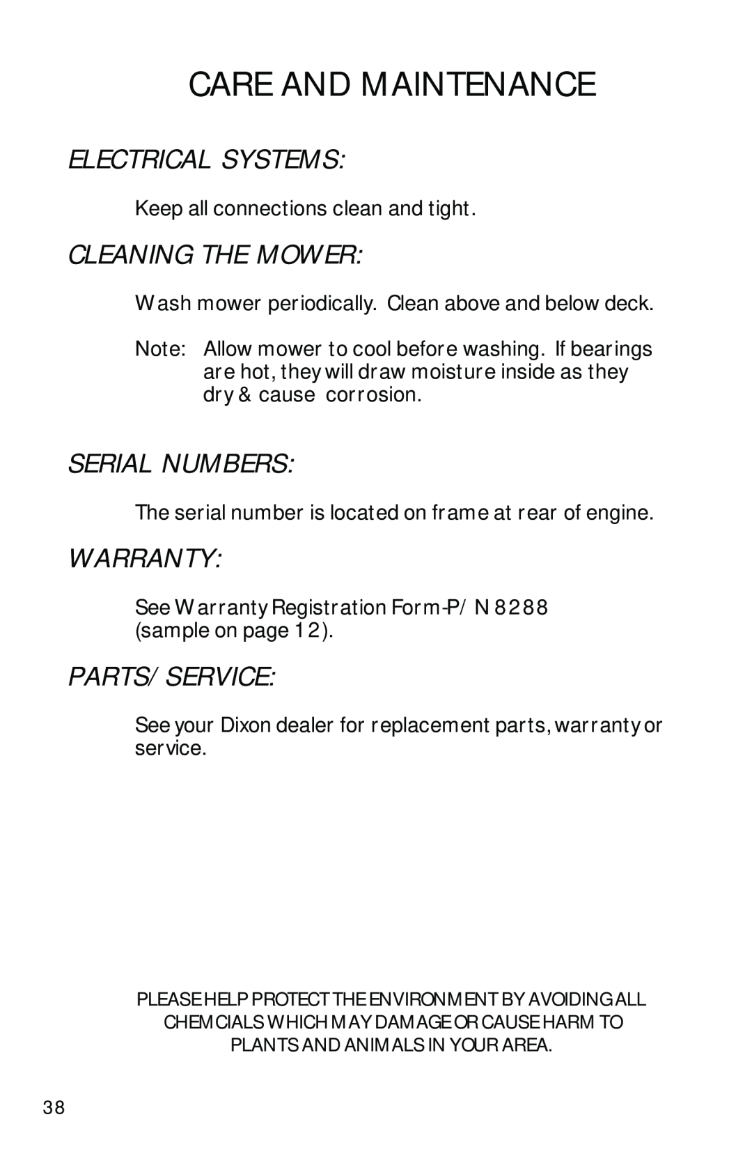 Dixon ZTR 2002 manual Electrical Systems, Cleaning The Mower, Serial Numbers, Warranty, Parts/Service, Care And Maintenance 