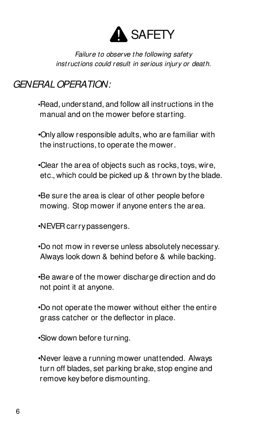 Dixon ZTR 2002 manual General Operation, Safety 