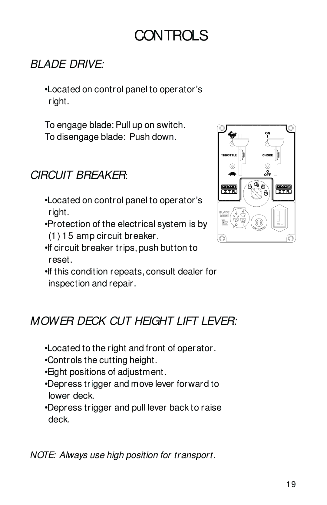 Dixon ZTR 2300 manual Blade Drive, Circuit Breaker, Mower Deck CUT Height Lift Lever 