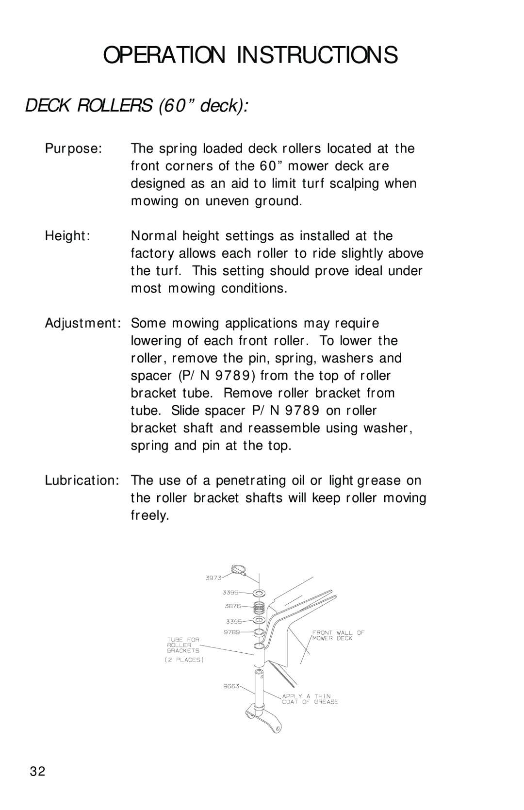 Dixon ZTR 2300 manual Operation Instructions, Deck Rollers 60 deck 