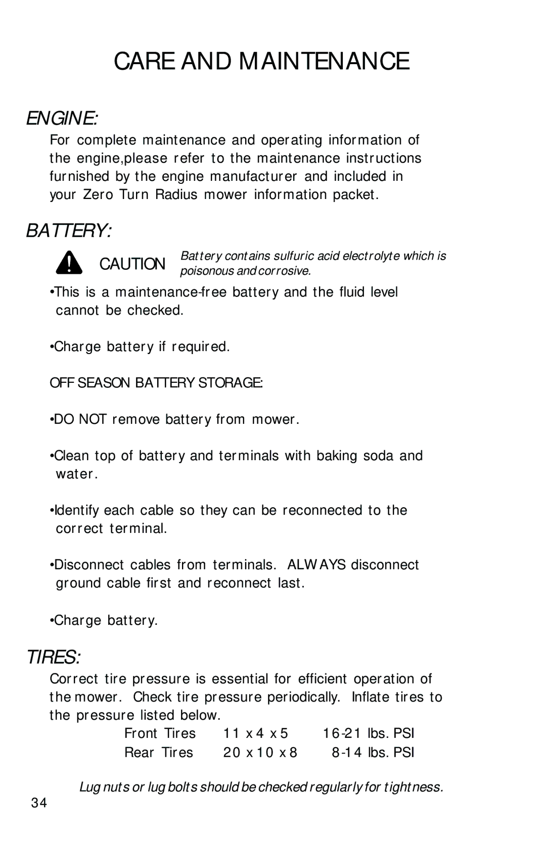 Dixon ZTR 2300 manual Engine, Battery, Tires 