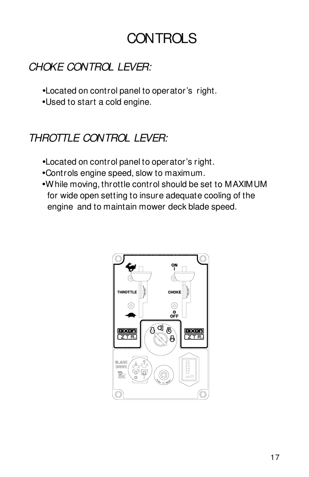 Dixon ZTR 2300 manual Choke Control Lever, Throttle Control Lever, Controls 