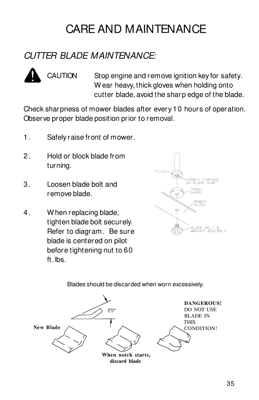 Dixon ZTR 2300 manual Cutter Blade Maintenance, Care And Maintenance 