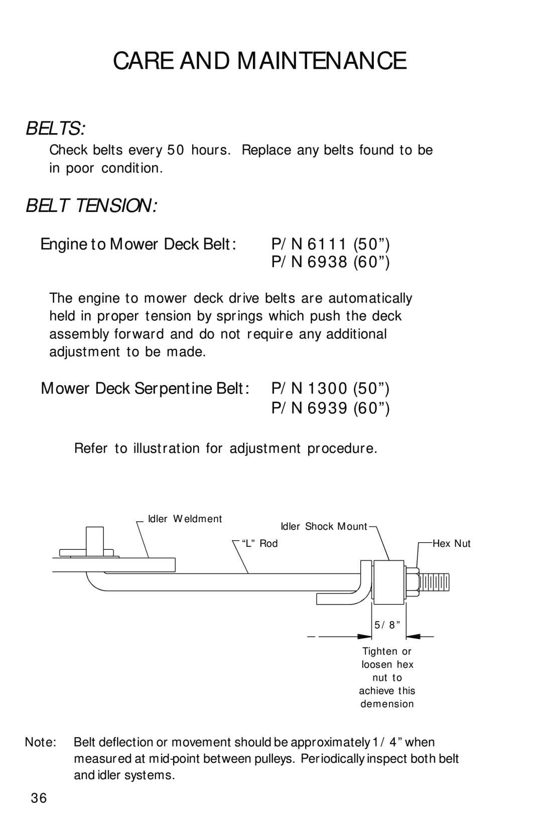 Dixon ZTR 2300 manual Belts, Belt Tension, Engine to Mower Deck Belt, P/N 6111 50”, P/N 6938 60”, Care And Maintenance 